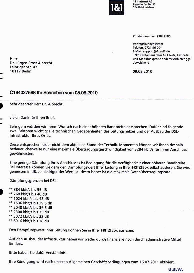 Schreiben 1&1 - technische Grenze der Bandbreite